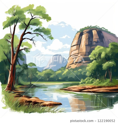 the AI Image Scenic Landscape Featuring Rocky Hills, Calm River, and Lush Greenery the AI Image Scenic Landscape Featuring Rocky Hills, Calm River, and Lush Greenery 122190052