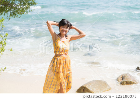 Woman Happy Smile Portrait Summer Travel on Beach Sea with Overlay Sunny Day, Beuaty People Health Mind Mental Wellbeing Trip Summertime Relax Vacation Fun Girl Face Asian Skin Tan Outside Nature. Woman Happy Smile Portrait Summer Travel on Beach Sea with Overlay Sunny Day, Beuaty People Health Mind Mental Wellbeing Trip Summertime Relax Vacation Fun Girl Face Asian Skin Tan Outside Nature. 122190075