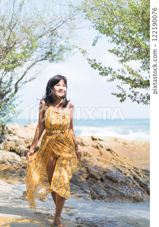 Woman Happy Smile Portrait Summer Travel on Beach Sea with Overlay Sunny Day, Beuaty People Health Mind Mental Wellbeing Trip Summertime Relax Vacation Fun Girl Face Asian Skin Tan Outside Nature. Woman Happy Smile Portrait Summer Travel on Beach Sea with Overlay Sunny Day, Beuaty People Health Mind Mental Wellbeing Trip Summertime Relax Vacation Fun Girl Face Asian Skin Tan Outside Nature. 122190076