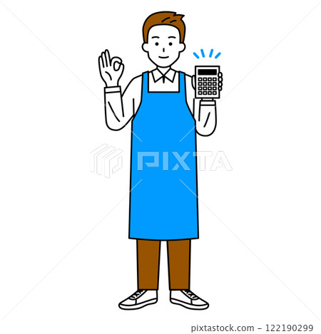 A man in an apron holding a calculator and making an OK sign (full body) 122190299