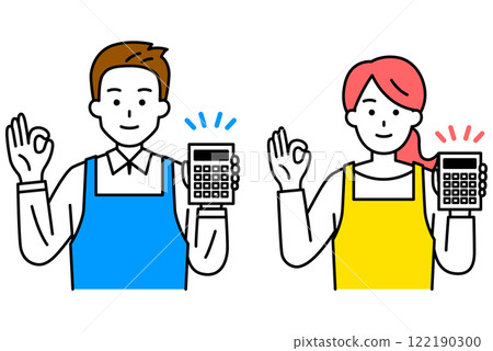 Set of men and women in aprons holding a calculator and making an OK sign 122190300
