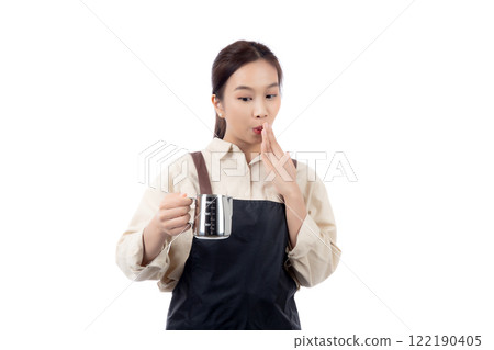 Portrait young asian woman barista work happy holding milk jug pour in coffee cup isolated. 122190405