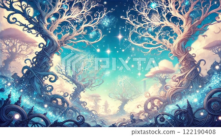 神奇的森林和扭曲的樹木在一個夢幻般的夜晚,星星閃閃發光 神奇的森林和扭曲的樹木在一個夢幻般的夜晚,星星閃閃發光 122190408