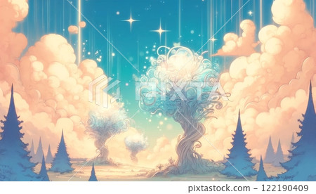 陽光普照的天空和神奇扭曲的樹木組成的神奇景觀 122190409