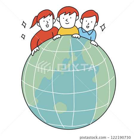 Illustration of children happily looking at the Earth Illustration of children happily looking at the Earth 122190730