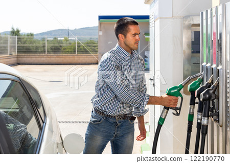 Man using nozzle to refuel his car in gas station Man using nozzle to refuel his car in gas station 122190770