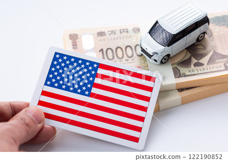 American flag, Japanese car and Japanese yen 122190852