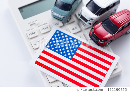 American flag, calculator and Japanese car 122190853