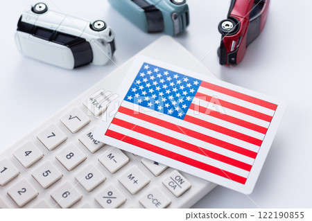 American flag, calculator and Japanese car 122190855