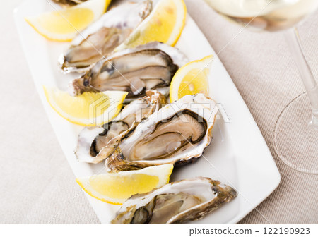 Tasty oysters with lemon on plate top view 122190923