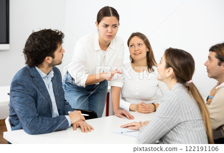 Team building for employees discussing problems of work, feeling psychological support during psychological trainings 122191106