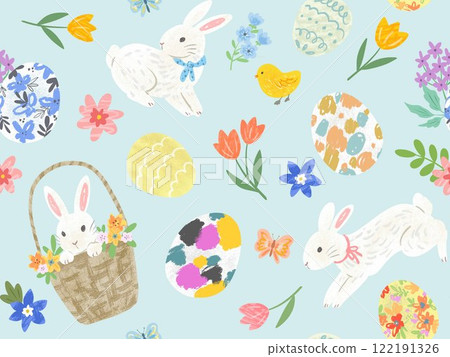 Pop and cute hand-drawn Easter pattern. Stylish Easter seamless pattern. 122191326
