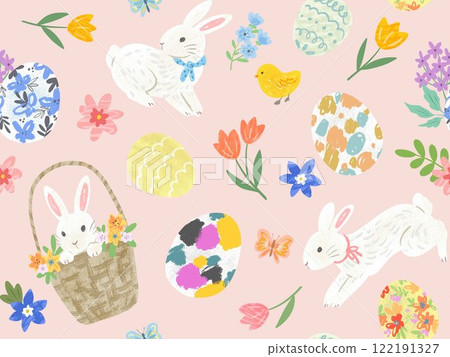 Pop and cute hand-drawn Easter pattern. Stylish Easter seamless pattern. 122191327