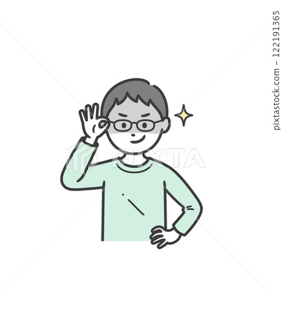 A boy pushing up his glasses and grinning slyly 122191365