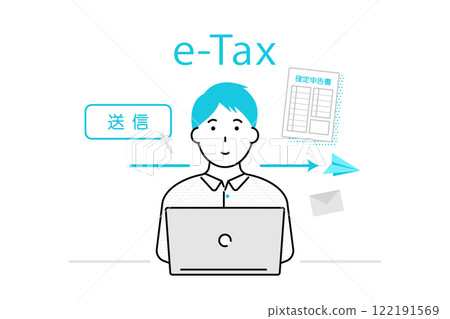 Illustration of a young man filing his tax return online Illustration of a young man filing his tax return online 122191569