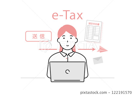 一名年輕女子在線上提交報稅表的插圖 122191570