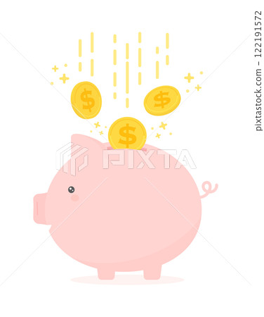 Falling glittering dollar coins and a smiling piggy bank - Illustration material showing income and money savings 122191572