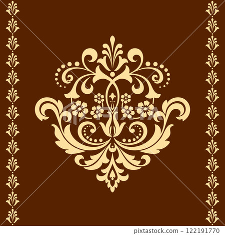 Damask graphic ornament. Floral design element. Golden and brown vector pattern Damask graphic ornament. Floral design element. Golden and brown vector pattern 122191770