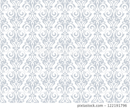 Wallpaper in the style of Baroque. Seamless vector background. White and gray floral ornament. Graphic pattern for fabric, wallpaper, packaging. Ornate Damask flower ornament Wallpaper in the style of Baroque. Seamless vector background. White and gray floral ornament. Graphic pattern for fabric, wallpaper, packaging. Ornate Damask flower ornament 122191796