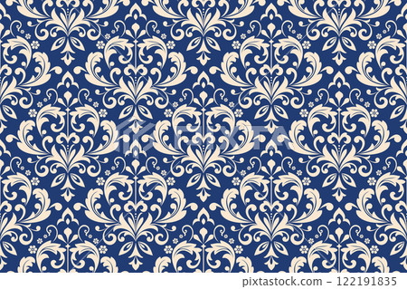 Wallpaper in the style of Baroque. Seamless vector background. Golden and dark blue floral ornament. Graphic pattern for fabric, wallpaper, packaging. Ornate Damask flower ornament 122191835