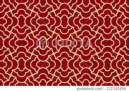 The geometric pattern with wavy lines. Seamless vector background. Golden and red texture. Simple lattice graphic design The geometric pattern with wavy lines. Seamless vector background. Golden and red texture. Simple lattice graphic design 122191836