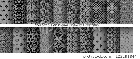 Geometric floral set of seamless patterns. Gray and black vector backgrounds. Damask graphic ornaments Geometric floral set of seamless patterns. Gray and black vector backgrounds. Damask graphic ornaments 122191844