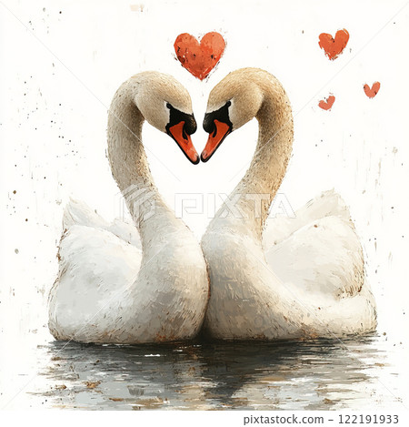 Romantic illustration of two swans forming a heart shape with their necks, surrounded by red hearts, symbolizing love and devotion. 122191933