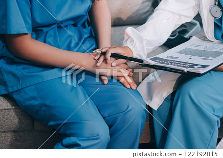 Close up of Young Asian woman doctors talking with the patient about mental health, for recover wellbeing and be a healthy lifestyle in health clinic. Medical health care. 122192015