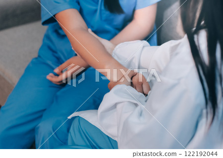 Physician consulting patients about shoulder pain problems ,office syndrome problems, physiotherapy diagnosis conc Physician consulting patients about shoulder pain problems ,office syndrome problems, physiotherapy diagnosis conc 122192044