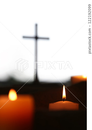 Holy Cross of Jesus Christ and Brightly Glowing Candle Candlelight, Religious Painting Faith Christian Background Holy Cross of Jesus Christ and Brightly Glowing Candle Candlelight, Religious Painting Faith Christian Background 122192099