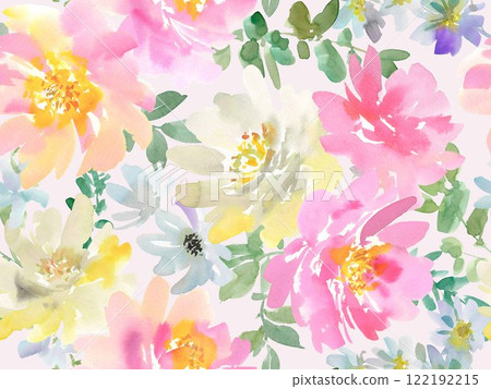 Seamless pattern with abstract pink and white peonies painted in watercolor. Watercolor hand painted flowers. Spring floral pattern. 122192215