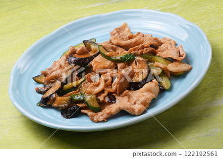 Spicy stir-fried pork, eggplant and cucumber with miso 122192561