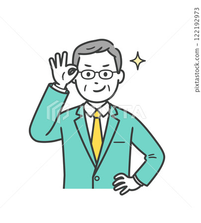 An elderly male businessman who pushes up his glasses and smiles with confidence An elderly male businessman who pushes up his glasses and smiles with confidence 122192973