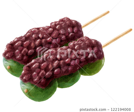 Watercolor illustration of two rustic mugwort bean paste dumplings 122194008