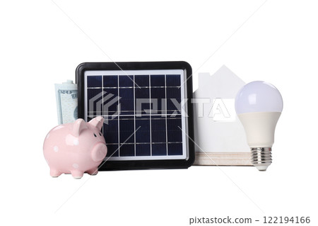 PNG,Portable black solar panel with piggy bank , isolated on white background 122194166