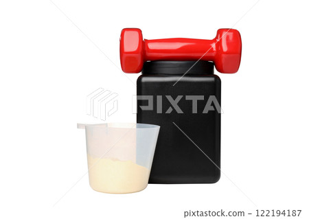 PNG, Black jar, measuring cup with powder and dumbbell, isolated on white background 122194187