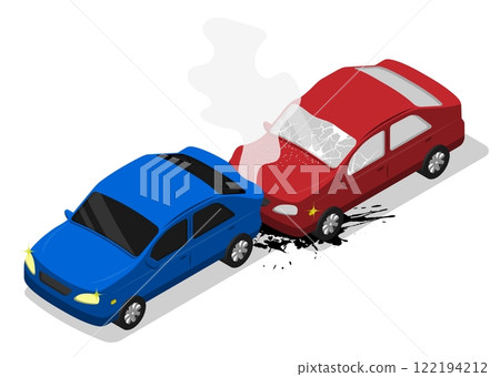 Isometric cars In auto accident on road. Consequences of failure to keep safe distance on dangerous section of road and inattentive driving. Aerial view 3D vector isolated on white background 122194212