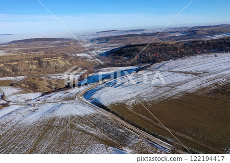 Aerial view of mountain village at winter Aerial view of mountain village at winter 122194417