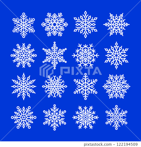 White snowflake icons set isolated on blue White snowflake icons set isolated on blue 122194509