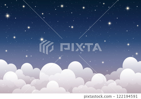 Dark night sky with glowing clouds shining stars and constellations. Blue gradient background depicts a magical cosmos, celestial nebula patterns, and astrology-inspired fantasy illustration. 122194591