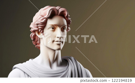 a classical figure resembling Galileo Galilei, digital artwork presents a serene expression, flowing hair, and a soft color palette, evoking the style of marble sculptures from the Renaissance period 122194819