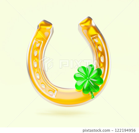 3d glass golden horseshoe with clover leaves render icon. St Patrick Day realistic crystal transparent good luck symbol with green four lucky leaf trefoils, isolated design element. 3D illustration 122194956