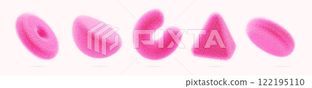 Pink fur fluffy geometric 3d shapes render icon set. Furry triangle, cylinder, half sphere, torus, circle tube with hair texture. Abstract soft fuzzy wool figures, isolated elements. 3D illustration 122195110