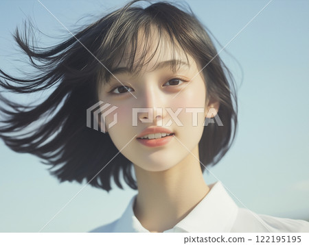 Smiling high school girl with hair fluttering in the wind 122195195