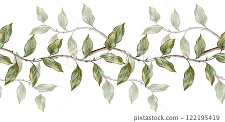 Seamless Watercolor Border with Green Leaves on Branches 122195419