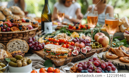 Colorful fruit and wine spread at outdoor picnic Colorful fruit and wine spread at outdoor picnic 122195461
