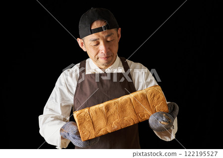 A baker satisfied with the finished bread A baker satisfied with the finished bread 122195527