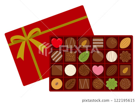 矩形紅色盒子和蓋子中巧克力的圖像插圖 122195615