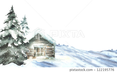 Winter snow covered house with snowy pine tree. Landscape banner with wooden cabin, chalet surrounded by snowdrifts. Watercolor painted illustration isolated from background for holiday card template 122195776