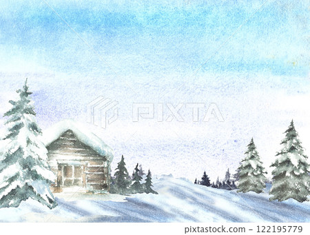 Winter landscape with snow covered house snowy pine tree and blue sky banner. Wooden cabin, chalet surrounded by snowdrifts. Watercolor painted illustration isolated from background for holiday card. Winter landscape with snow covered house snowy pine tree and blue sky banner. Wooden cabin, chalet surrounded by snowdrifts. Watercolor painted illustration isolated from background for holiday card. 122195779
